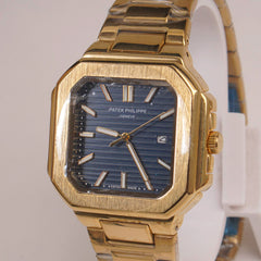 Mens Golden Chain Square Wrist Watch Blue Dial