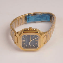 Mens Golden Chain Square Wrist Watch Blue Dial