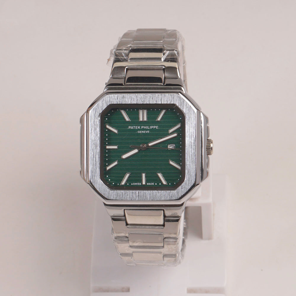 Mens Silver Chain Square Wrist Watch Green Dial