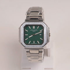 Mens Silver Chain Square Wrist Watch Green Dial