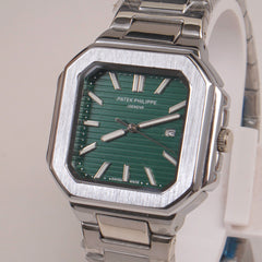 Mens Silver Chain Square Wrist Watch Green Dial