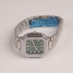 Mens Silver Chain Square Wrist Watch Green Dial