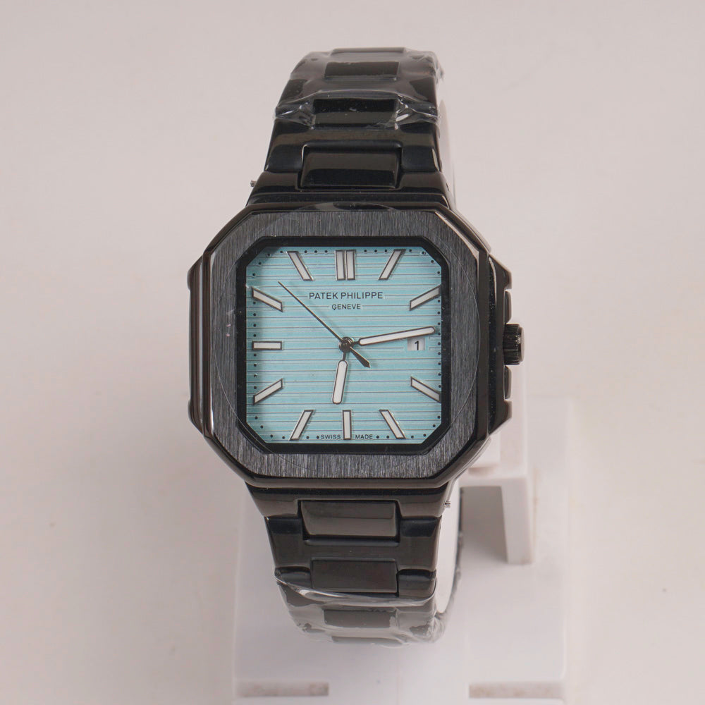 Mens Black Chain Square Wrist Watch Cyan Dial