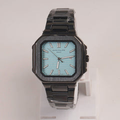 Mens Black Chain Square Wrist Watch Cyan Dial