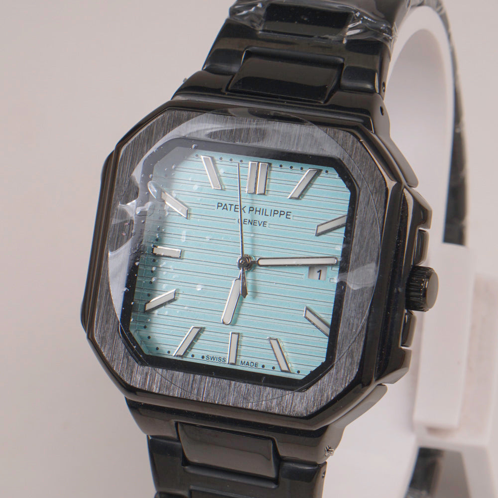 Mens Black Chain Square Wrist Watch Cyan Dial
