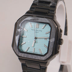 Mens Black Chain Square Wrist Watch Cyan Dial