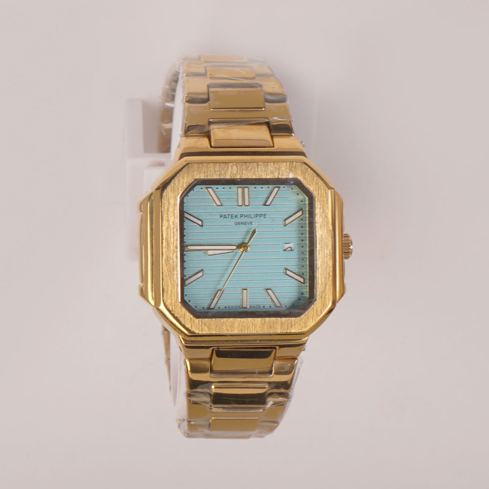 Mens Golden Chain Square Wrist Watch Cyan Dial