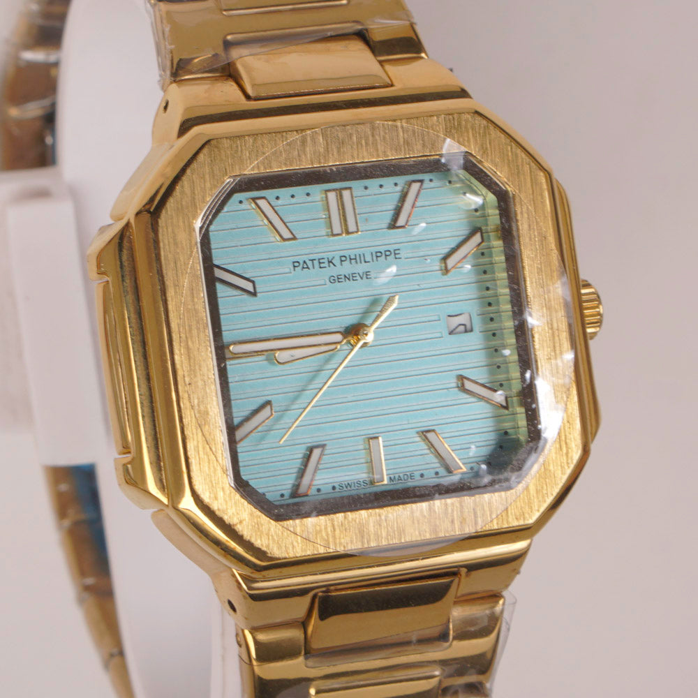Mens Golden Chain Square Wrist Watch Cyan Dial