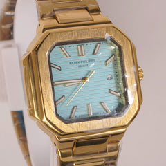 Mens Golden Chain Square Wrist Watch Cyan Dial