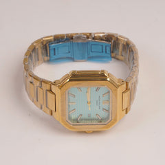 Mens Golden Chain Square Wrist Watch Cyan Dial