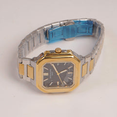 Two Tone Mens Chain Square Wrist Watch Black Dial