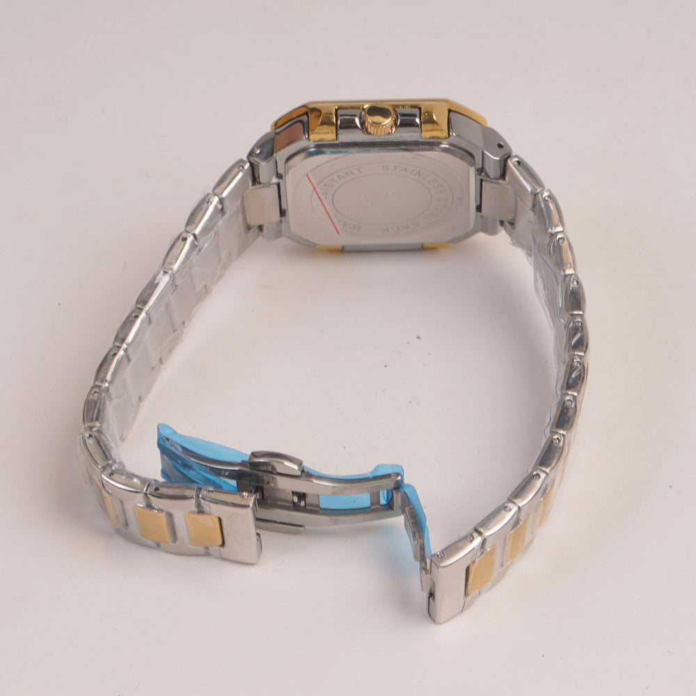 Two Tone Mens Chain Square Wrist Watch Black Dial