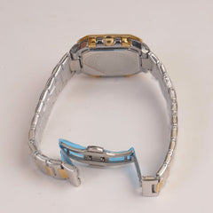 Two Tone Mens Chain Square Wrist Watch Golden Dial