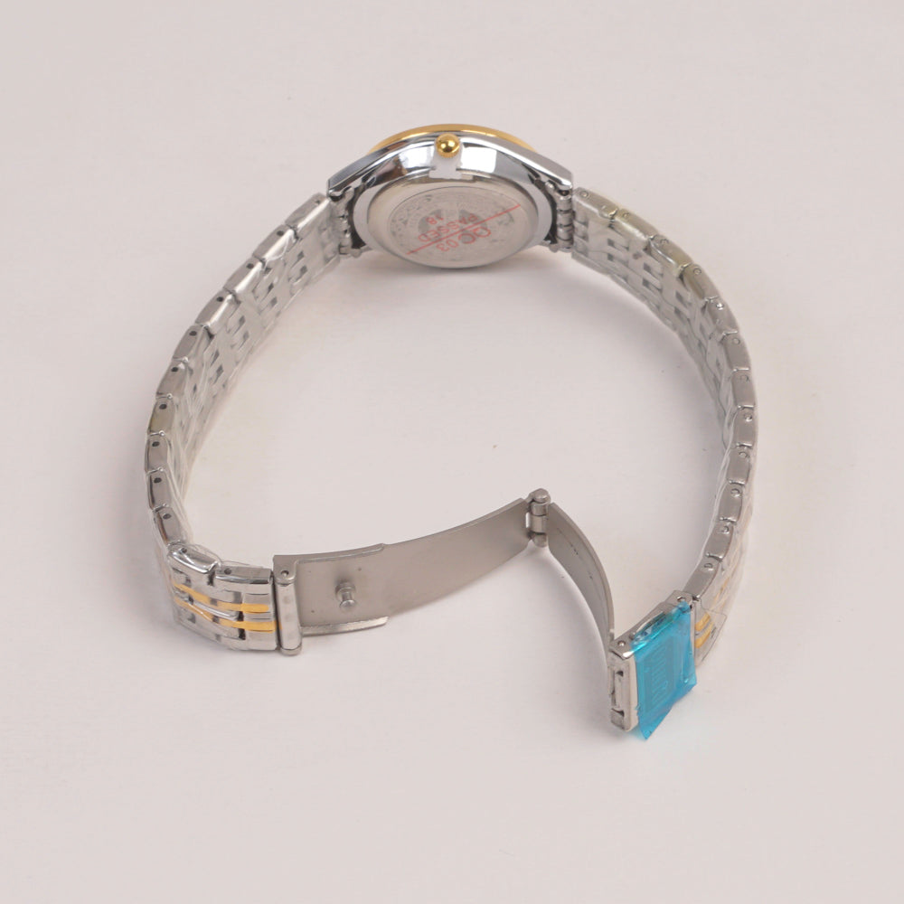 Two Tone Silver Chain Womans Watch Black Dial