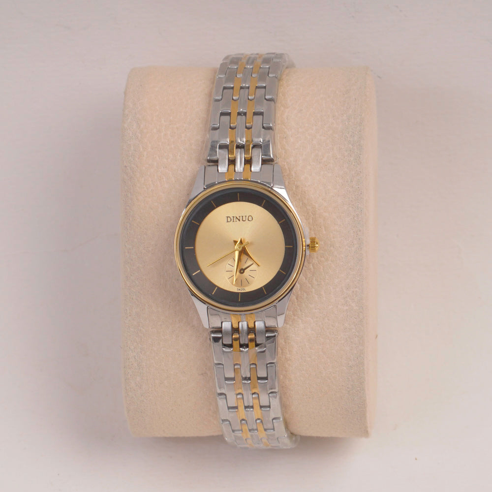 Two Tone Silver Chain Womans Watch Golden Dial