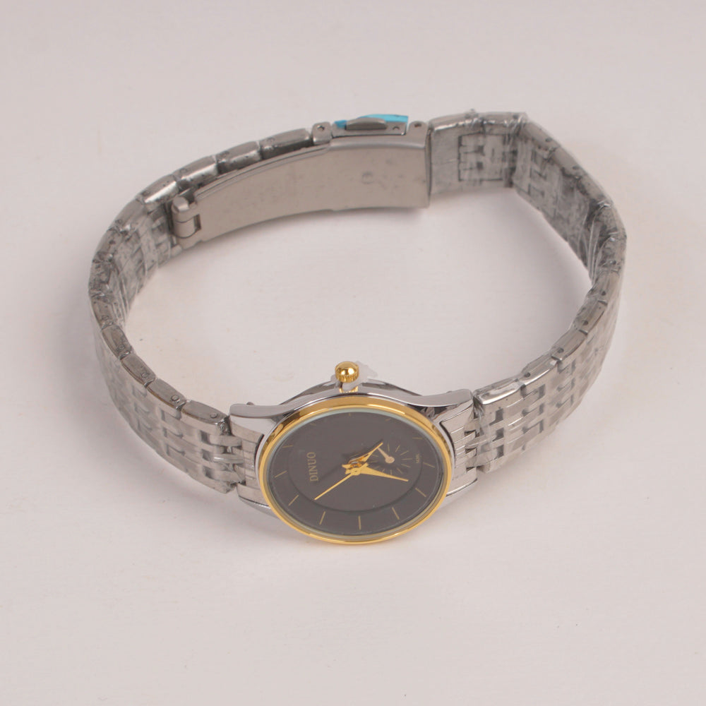 Two Tone Silver Chain Womans Watch Black Dial