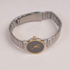 Two Tone Silver Chain Womans Watch Black Dial