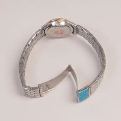 Two Tone Silver Chain Womans Watch Black Dial