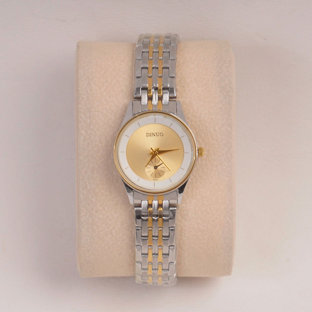 Two Tone Silver Chain Womans Watch Golden Dial