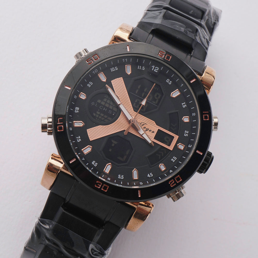 Dual Time Mans Chain Wrist Watch Black G