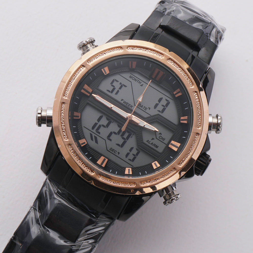 Dual Time Mans Chain Wrist Watch Black G