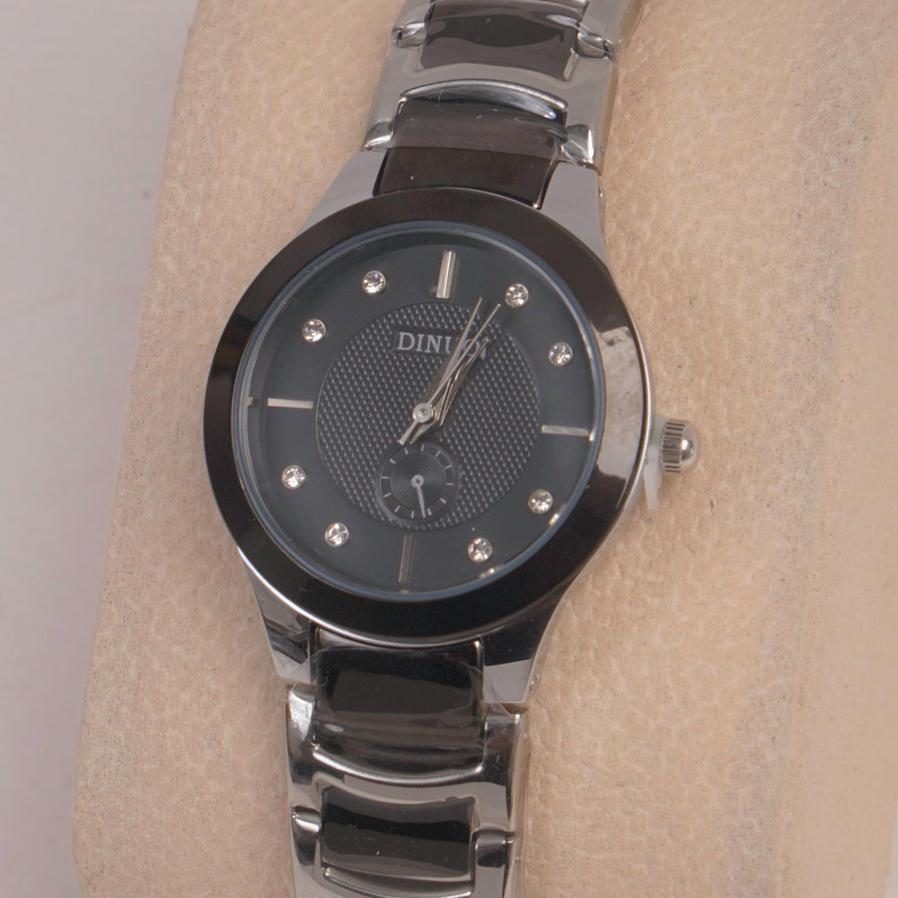 Two Tone Silver Chain Womans Watch Black Dial