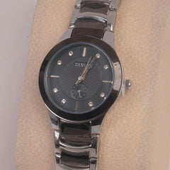 Two Tone Silver Chain Womans Watch Black Dial