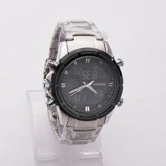 Dual Time Mans Chain Wrist Watch Silver Black