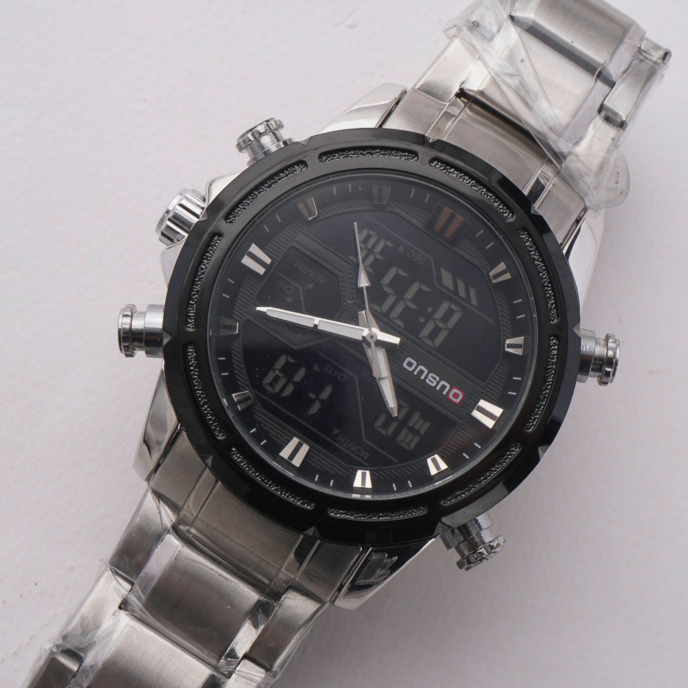 Dual Time Mans Chain Wrist Watch Silver Black