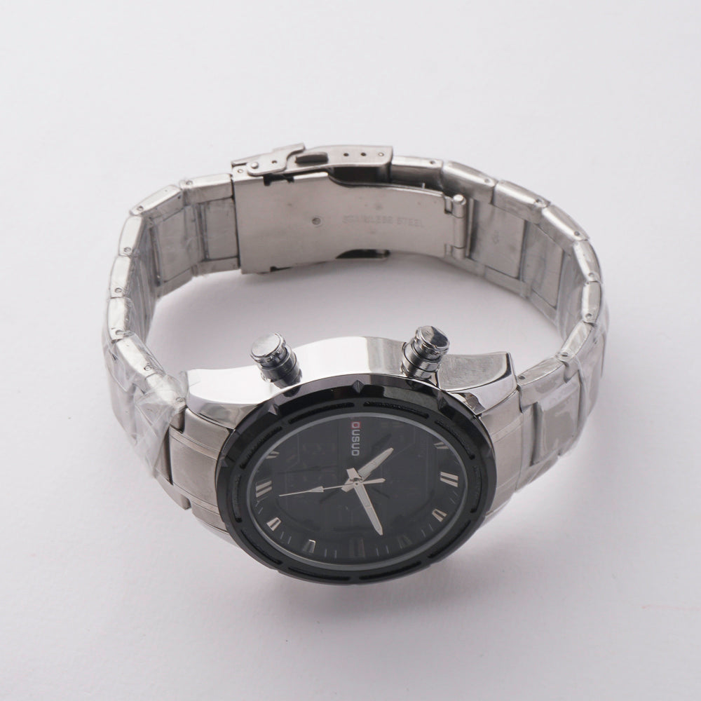 Dual Time Mans Chain Wrist Watch Silver Black