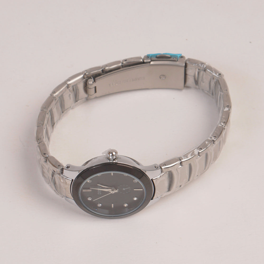 Silver Chain Womans Watch Black Dial