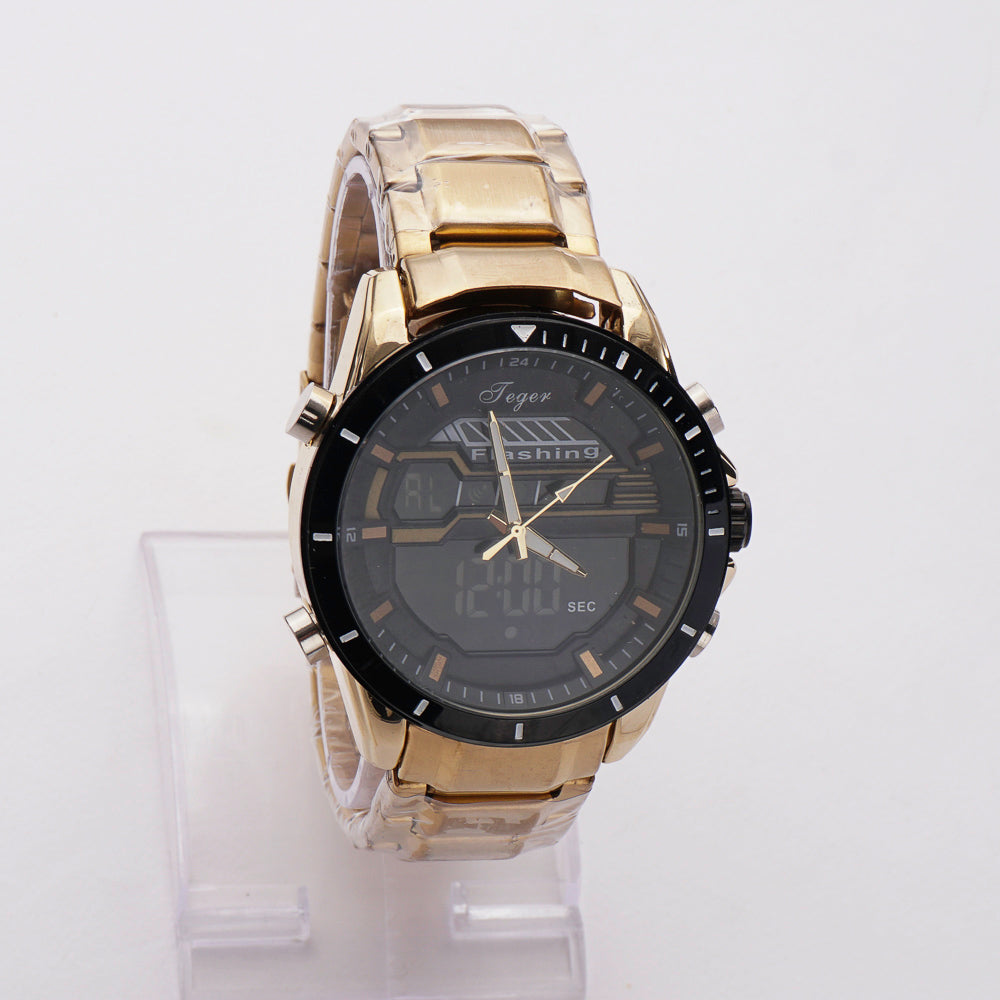 Dual Time Mans Chain Wrist Watch Golden Black