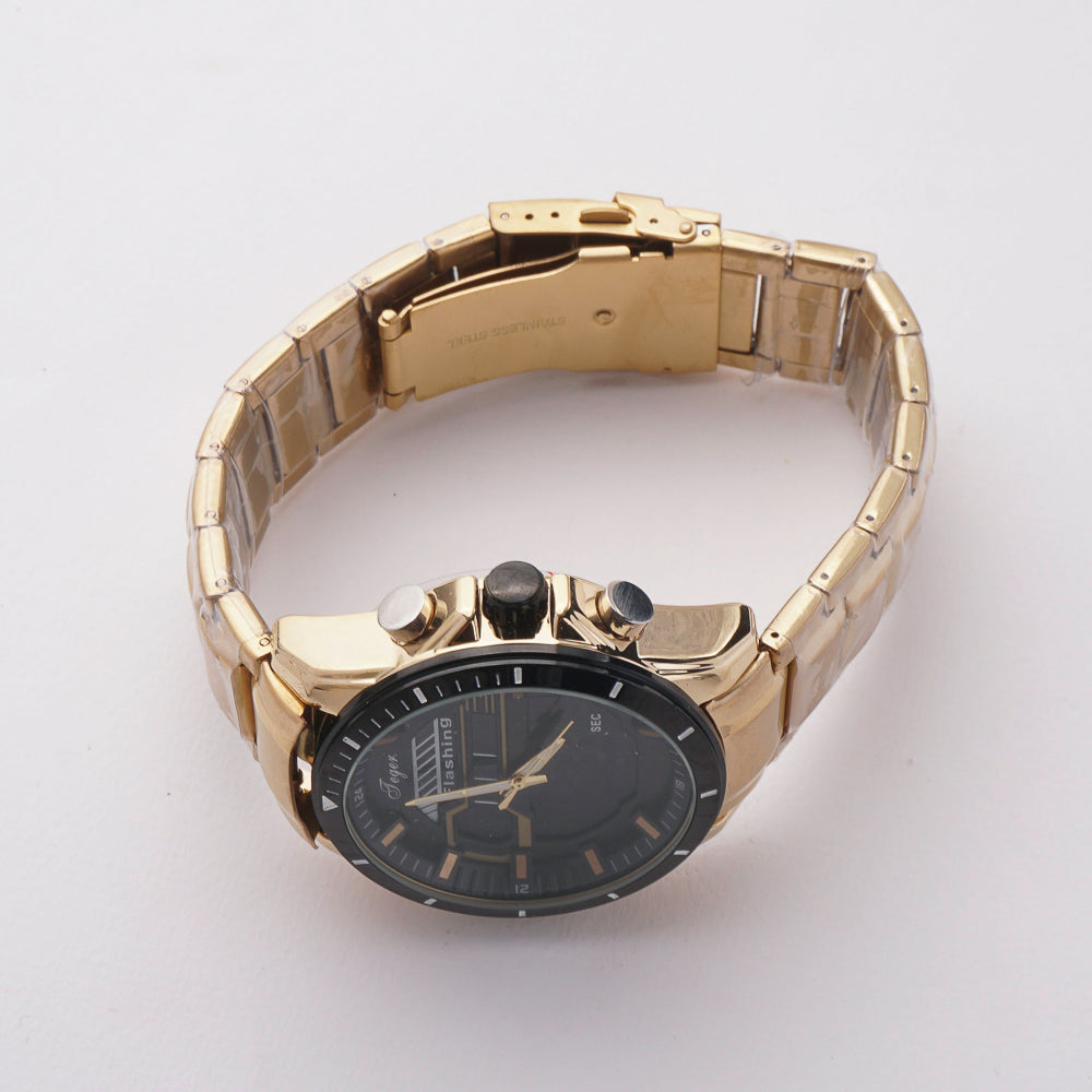 Dual Time Mans Chain Wrist Watch Golden Black