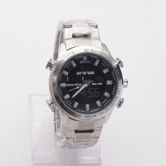 Dual Time Mans Chain Wrist Watch Silver Black