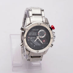 Dual Time Mans Chain Wrist Watch Silver Black