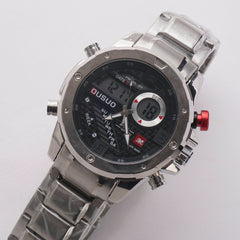 Dual Time Mans Chain Wrist Watch Silver Black