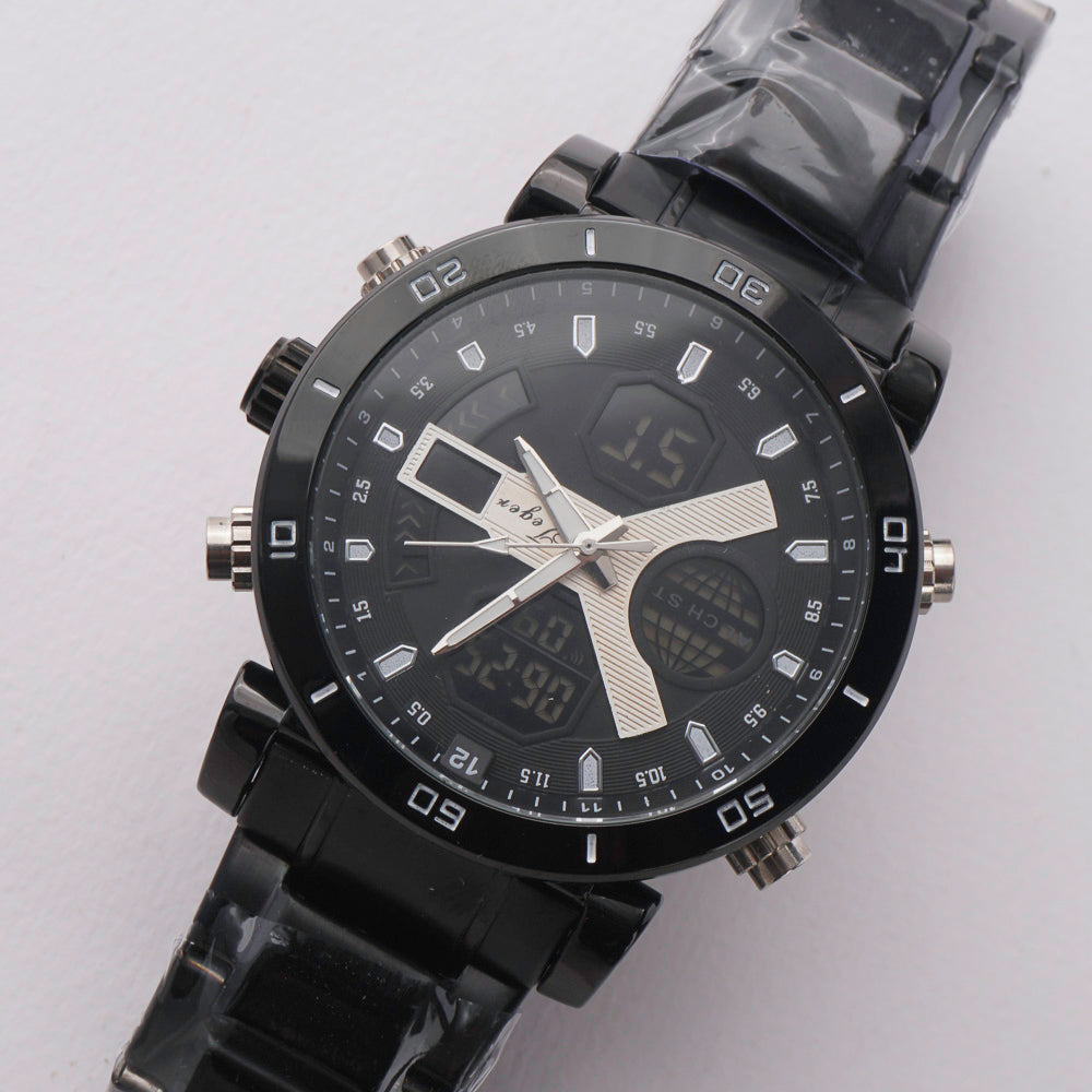 Dual Time Mans Chain Wrist Watch Black