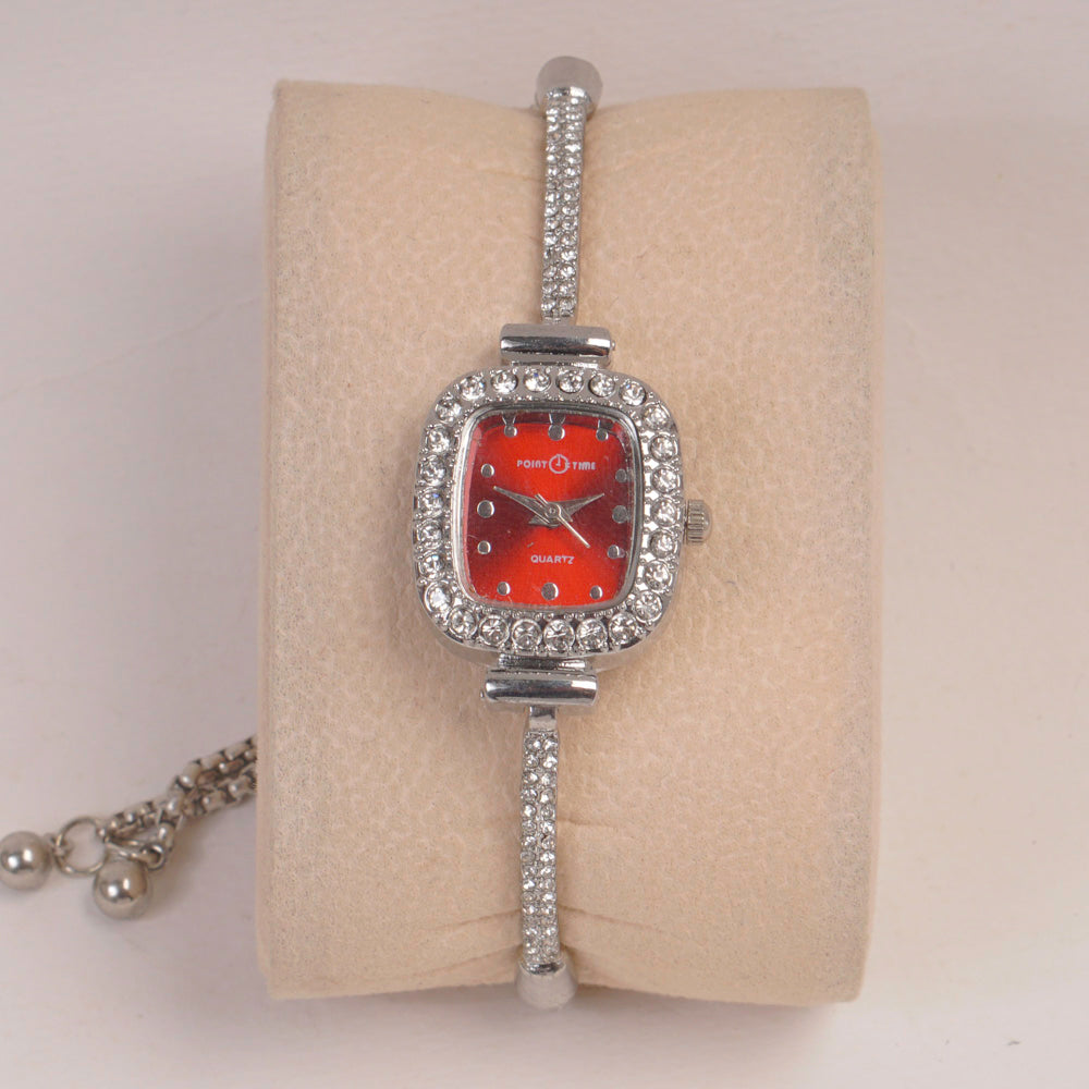 Silver Chain Womans Watch Red Dial