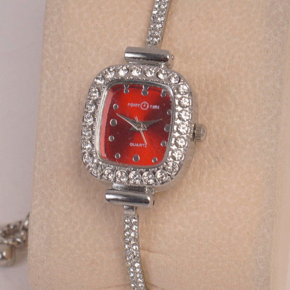 Silver Chain Womans Watch Red Dial