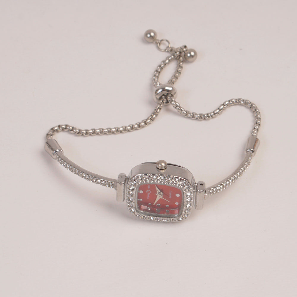 Silver Chain Womans Watch Red Dial