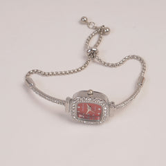Silver Chain Womans Watch Red Dial