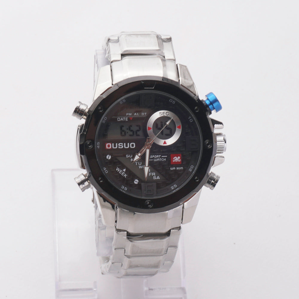 Dual Time Mans Chain Wrist Watch Silver Black