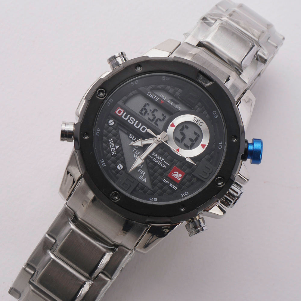 Dual Time Mans Chain Wrist Watch Silver Black