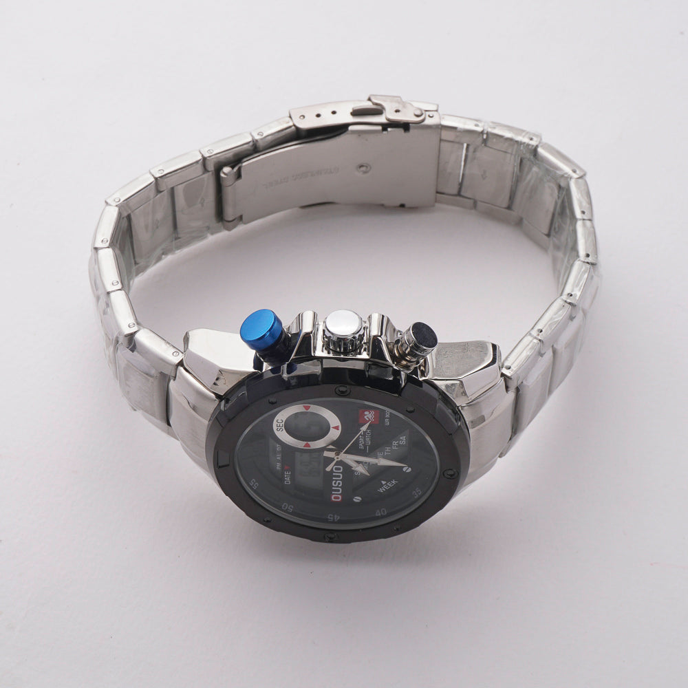 Dual Time Mans Chain Wrist Watch Silver Black