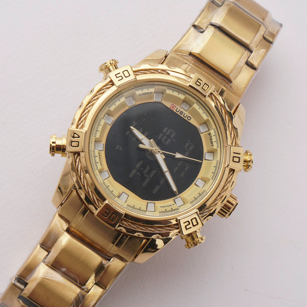 Dual Time Mans Chain Wrist Watch Golden