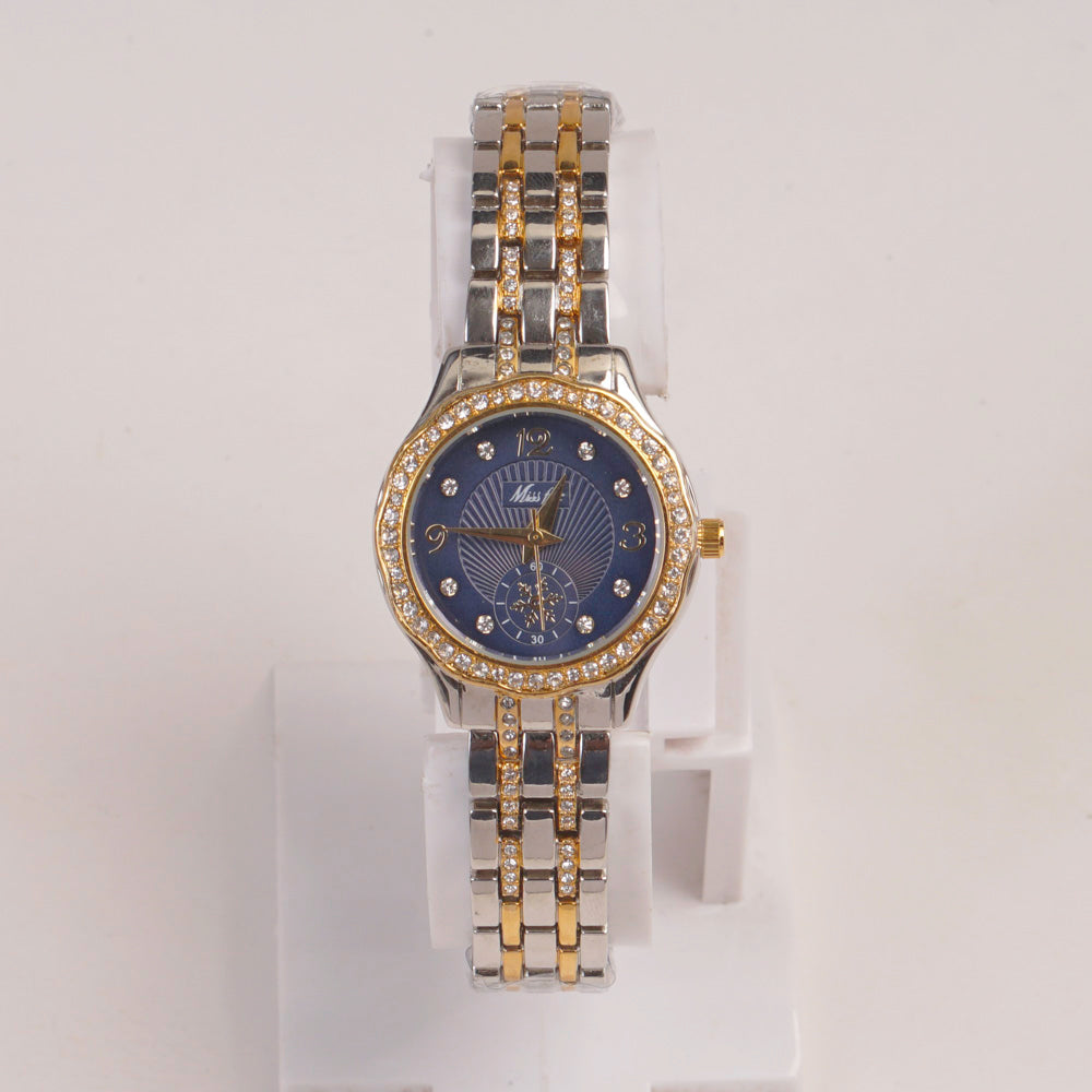 Two Tone Woman Fancy Golden Chain Watch Blue Dial