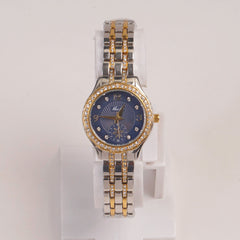 Two Tone Woman Fancy Golden Chain Watch Blue Dial