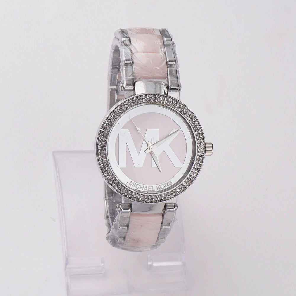 Women Chain Wrist Watch MK Silver Pink