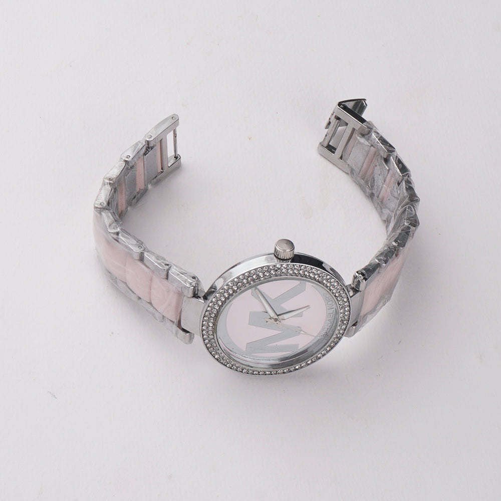 Women Chain Wrist Watch MK Silver Pink