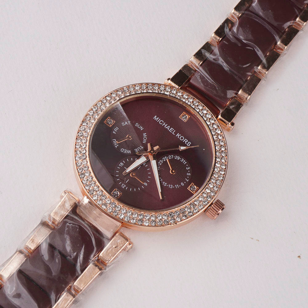 Women Chain Wrist Watch Rosegold Brown